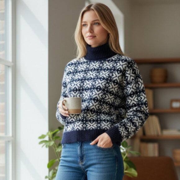 NWOT Zara JACQUARD SLIGHTLY KNIT FAIR ISLE TURTLENECK SWEATER NAVY CREAM Wool - Picture 2 of 9